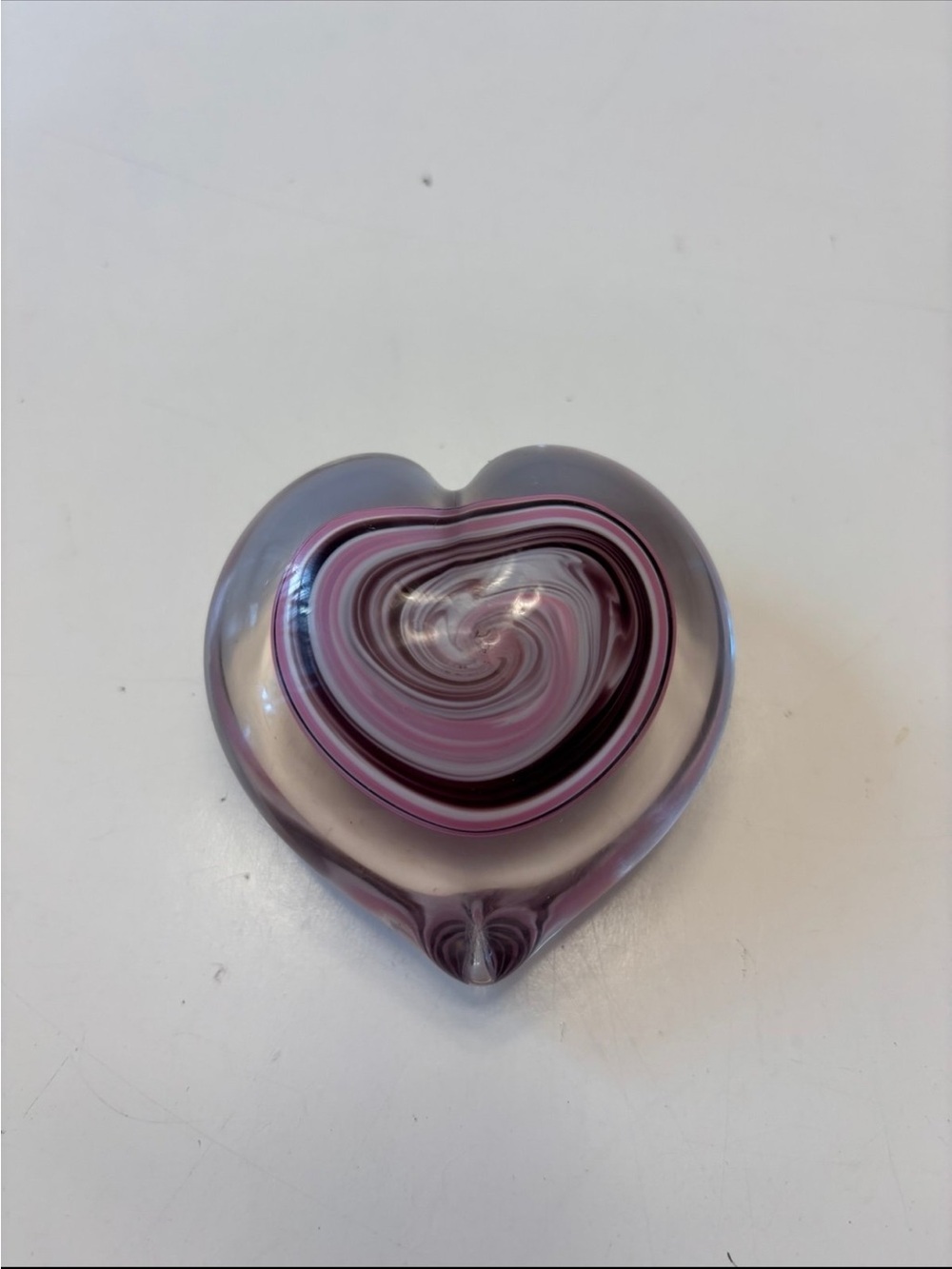 ORBIX handblown glass heart paperweight with purple and pink swirl
